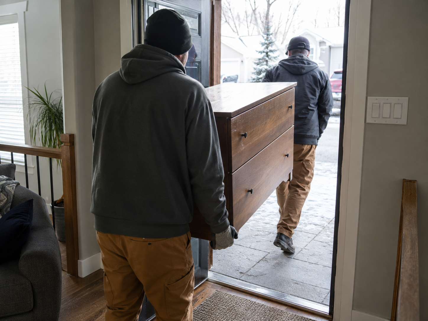 Furniture movers carrying a large cabinet from a home