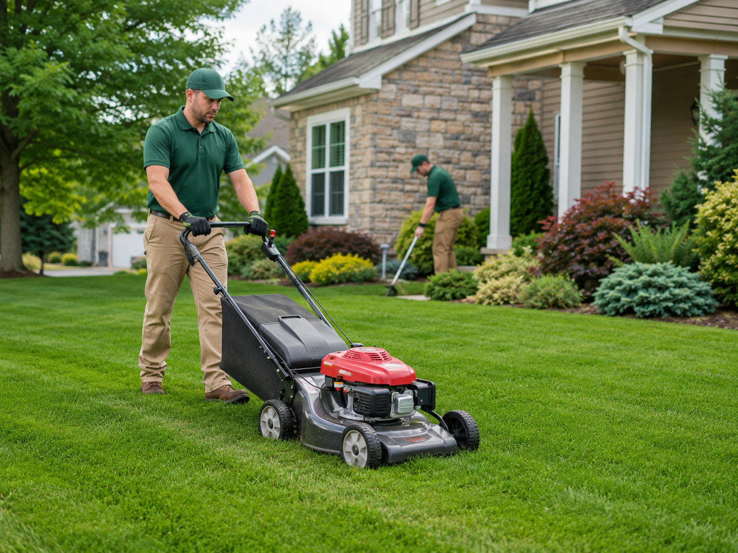 Worker using a push mower on a residential lawn