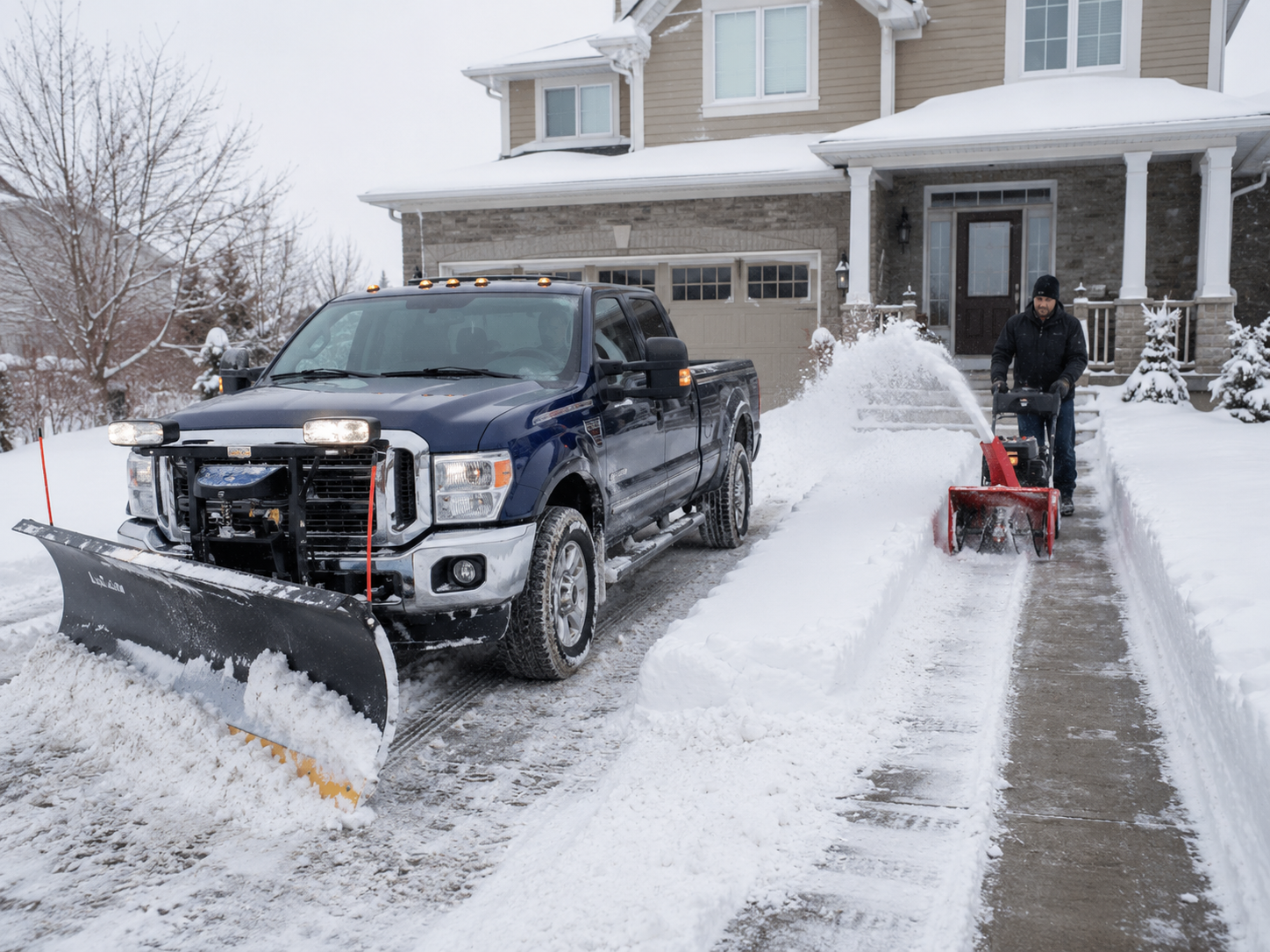 Pickup truck plow and snowblower clearing a snowy property
